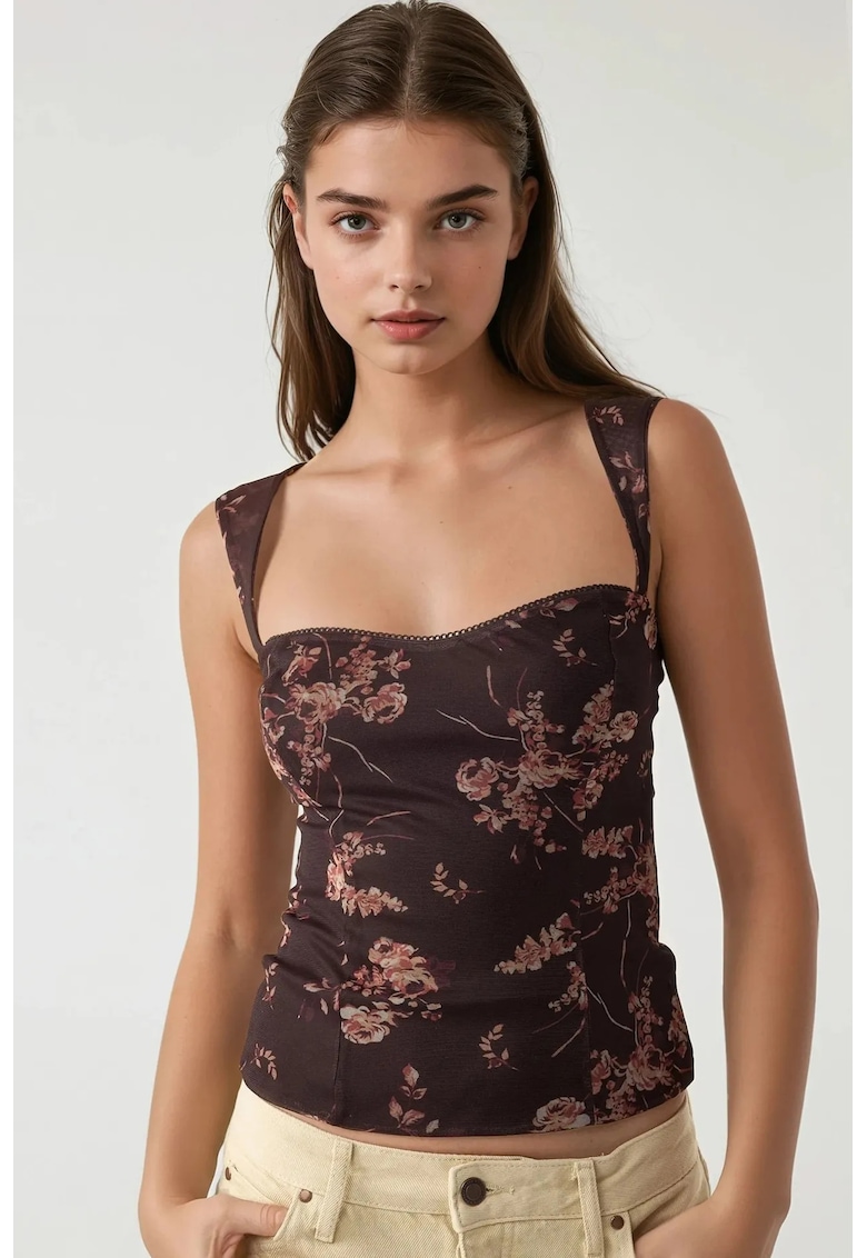 Maiou dama - top scurt cu imprimeu - guler inima - maro - material textil