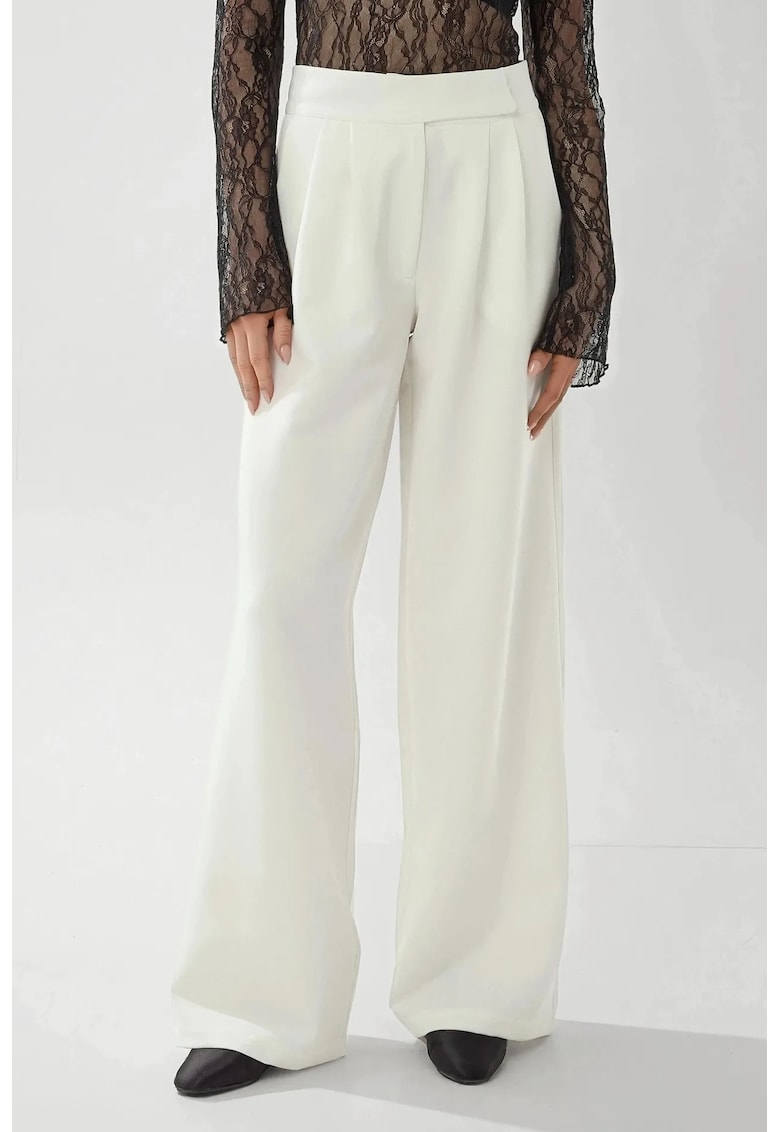 Pantaloni dama - Palazzo - talie inalta - textil - alb
