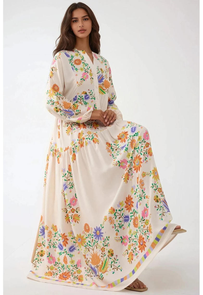 Rochie maxi - decolteu in V - bej - textil