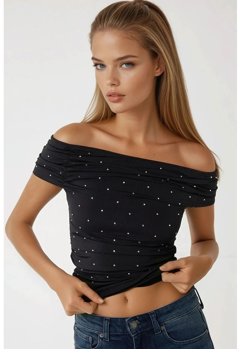 Bluza dama - top elegant cu broderie si strasuri - negru - jerseu