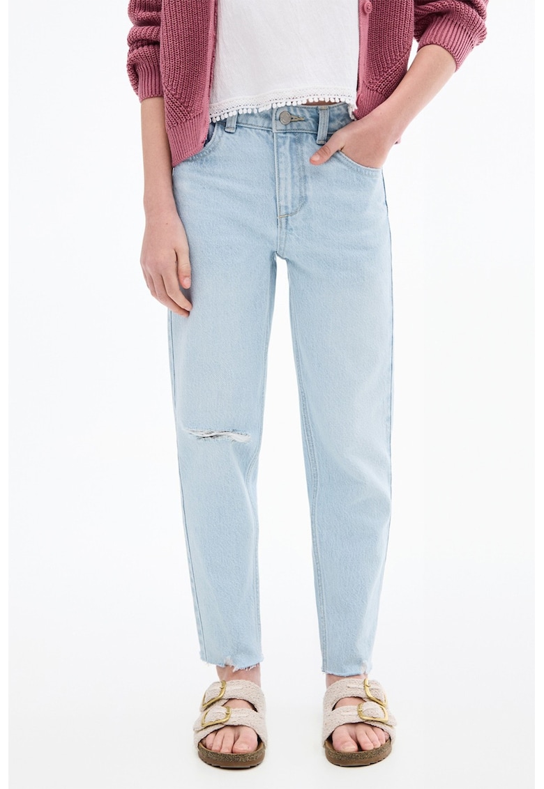 Blugi mom fit cu detalii cu aspect deteriorat - Albastru deschis