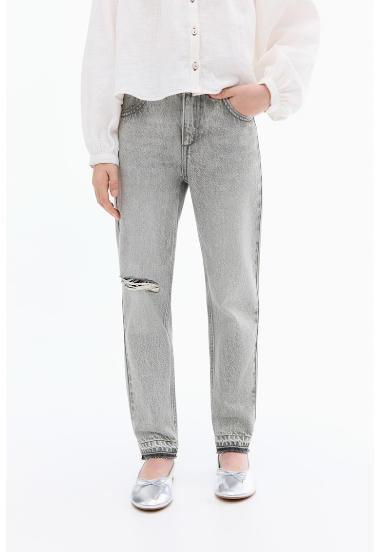 Blugi mom fit cu detalii cu aspect deteriorat - Gri