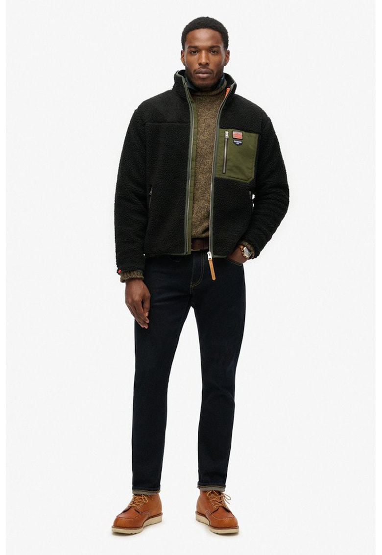 SUPERDRY - Jacheta din material teddy cu fermoar - Verde/Negru