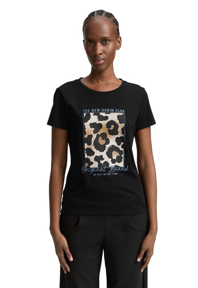 Tricou din bumbac cu decolteu la baza gatului si design grafic - Negru - Bej - Tricou din bumbac cu decolteu la baza gatului si design grafic - Negru - Bej -