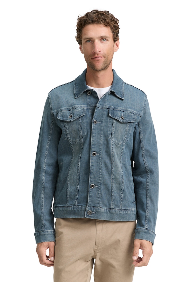 Jacheta din denim cu model uni si buzunare pe piept