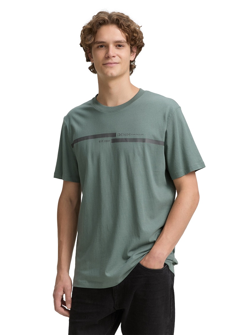 Tricou de bumbac cu detalii cu imprimeu text - Verde sparanghel