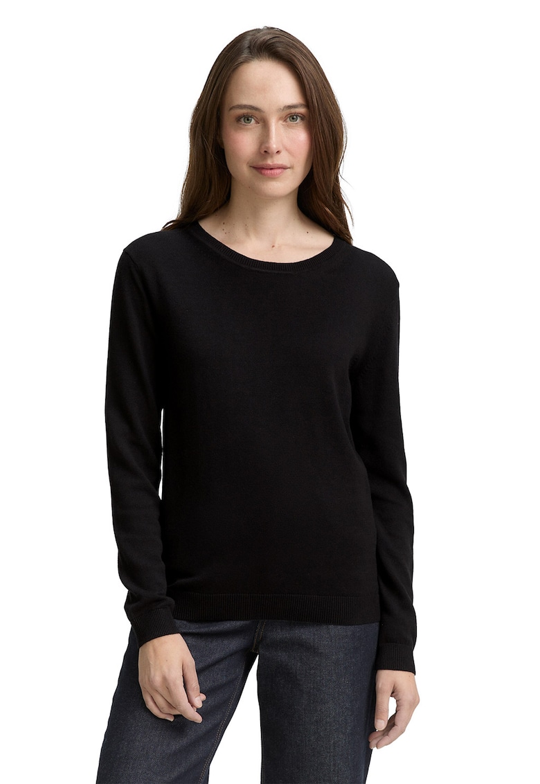 Pulover din amestec de bumbac cu deolteu rotund - Negru