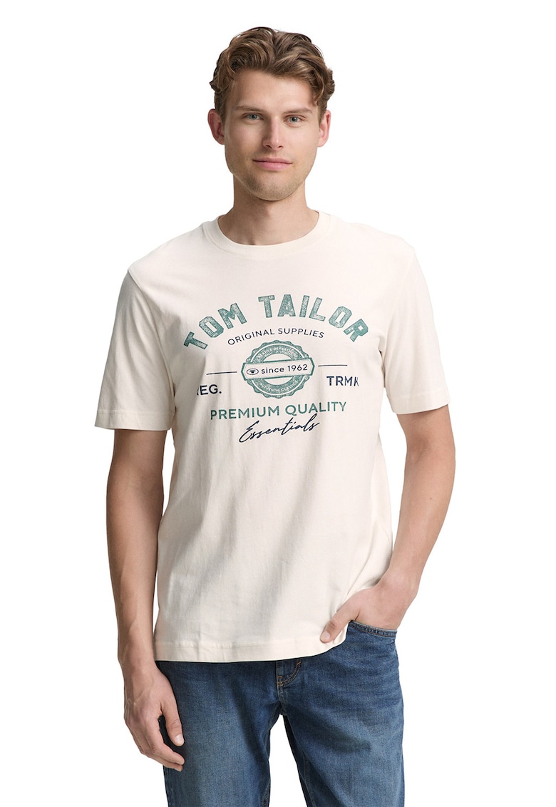 Tricou din bumbac cu imprimeu logo - Crem