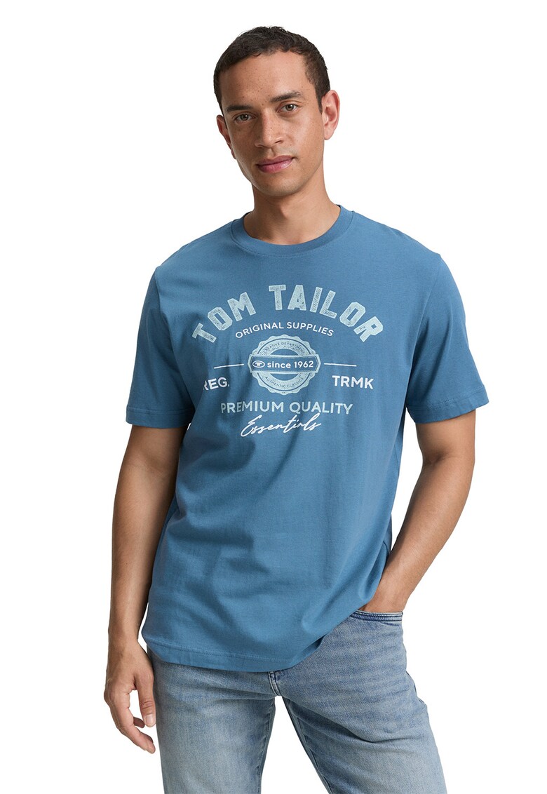 Tricou din bumbac cu imprimeu logo - Albastru inchis/Alb murdar