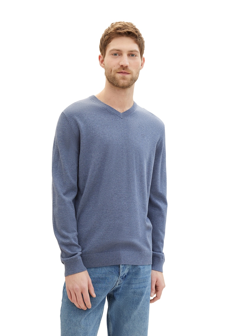 Pulover tricotat fin cu decolteu in V - Albastru melange