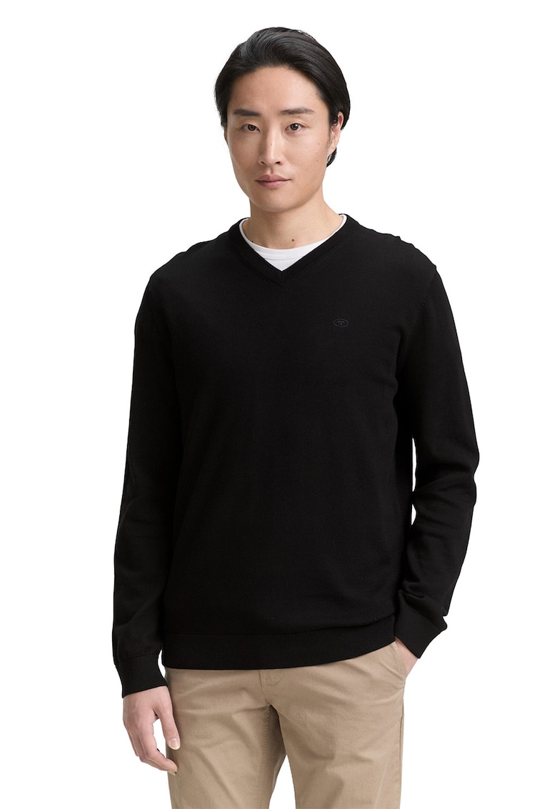 Pulover din bumbac cu decolteu in V