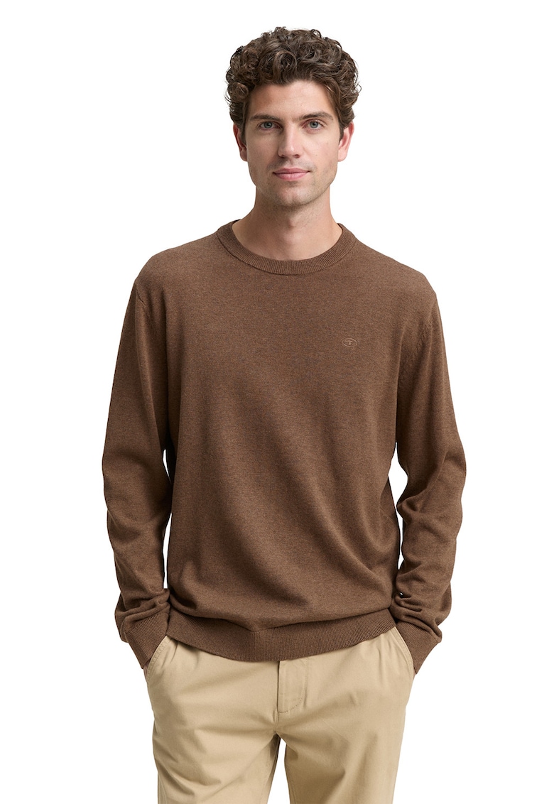 Pulover din bumbac cu decolteu la baza gatului - Maro