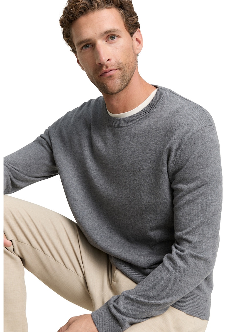 Pulover din bumbac cu decolteu la baza gatului - Gri inchis melange