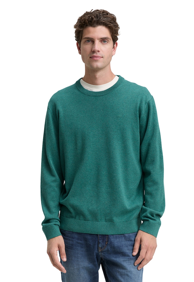 Pulover din bumbac cu decolteu la baza gatului - Verde aquamarin