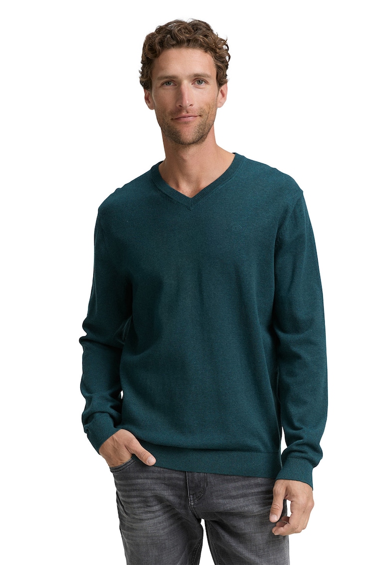 Pulover tricotat fin cu decolteu in V - Verde englez