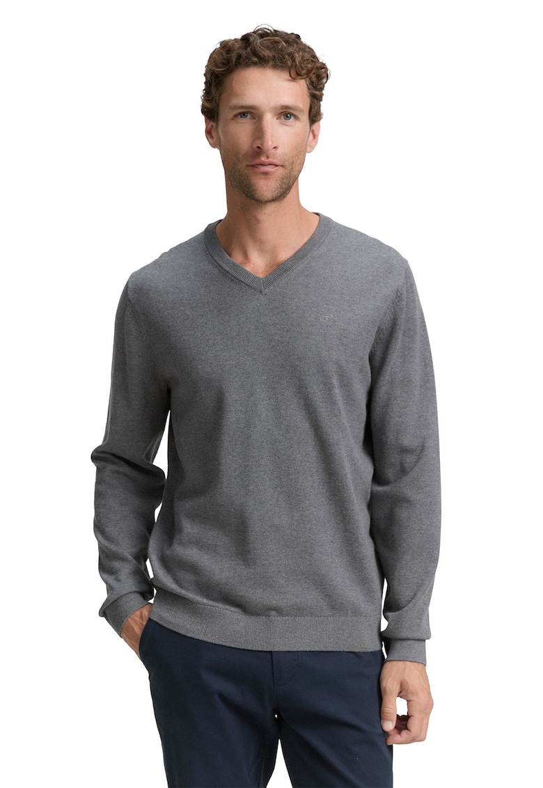 Pulover tricotat fin cu decolteu in V - Gri melange