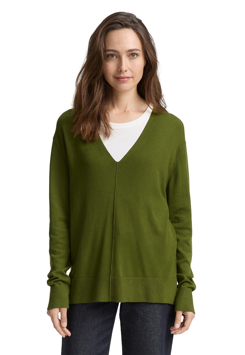 Pulover lejer cu decolteu in V - Verde masliniu