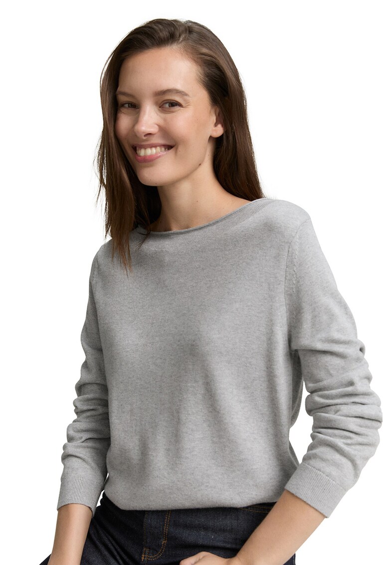 Pulover tricotat fin cu decolteu barcuta - Gri melange