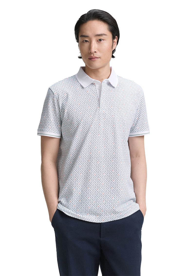 Tricou polo cu model - Alb/Albastru inchis/Rosu stins