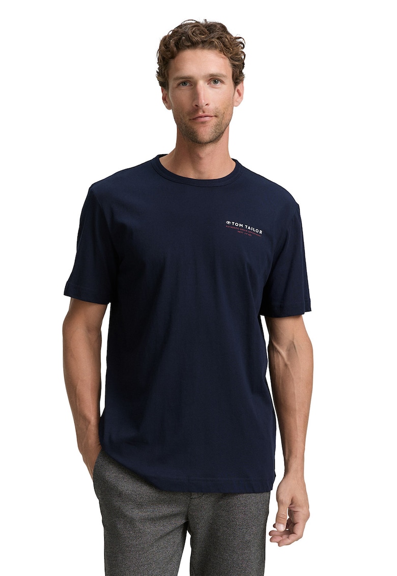 Tricou regular fit cu decolteu la baza gatului - Alb/Bleumarin