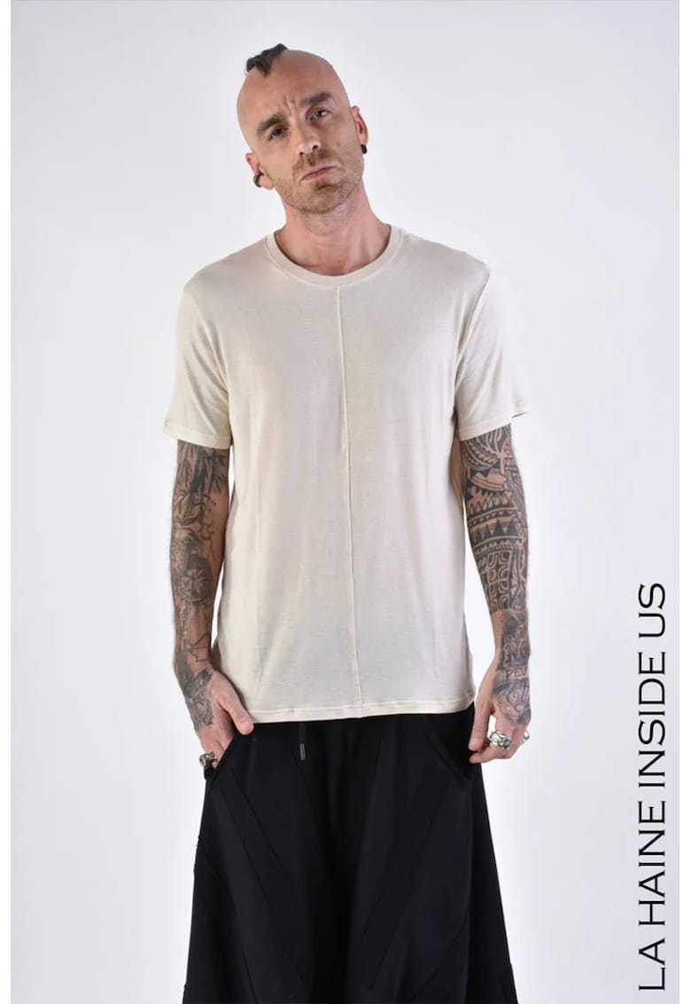 Tricou transparent regular fit cu guler rotund - Bej
