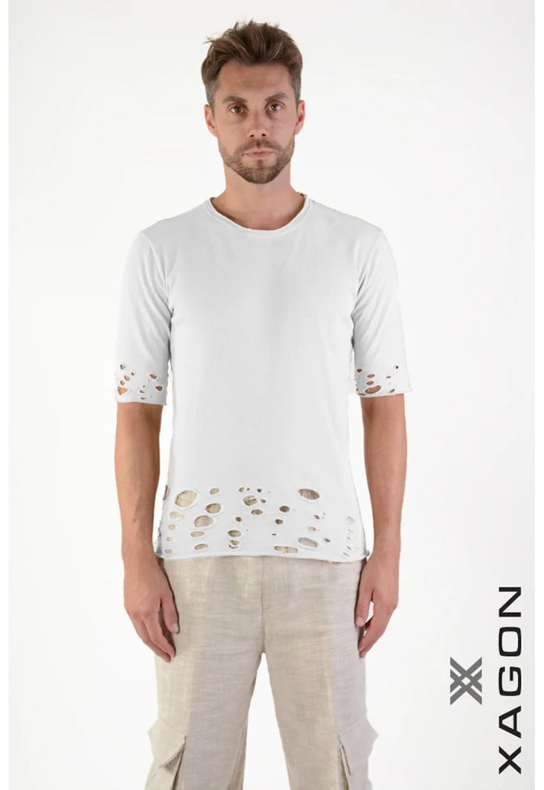 Tricou regular fit cu detalii damage la mâneci și talie Tricou regular fit cu detalii damage la mâneci și talie