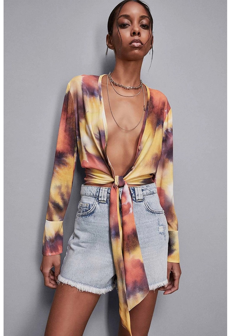 Cămașă cu mânecă lungă - cordon reglabil în talie și imprimeu tie dye - Multicolor