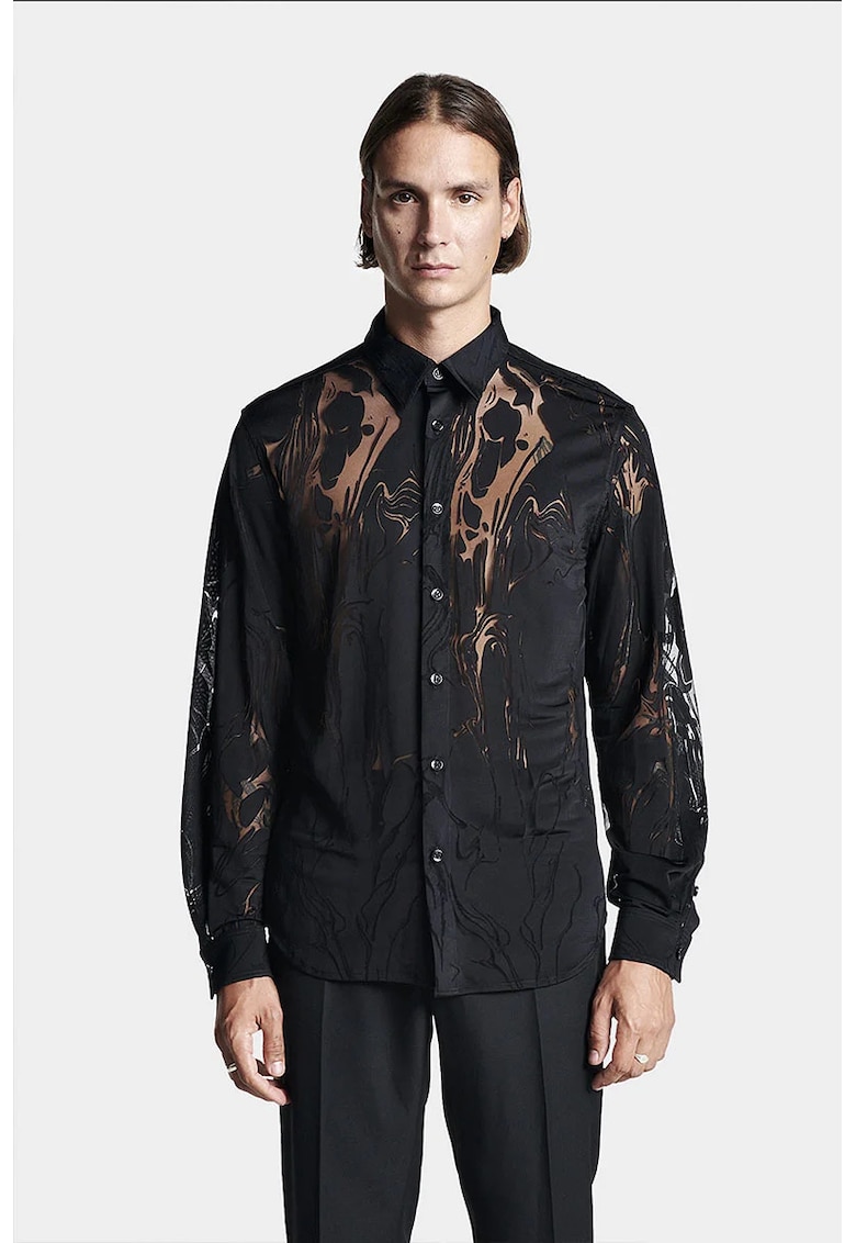 Cămașă transparentă cu imprimeu mural și închidere prin nasturi