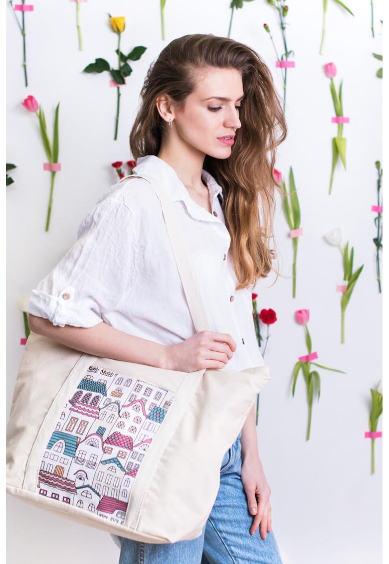 Geanta dama Shopper - bej - dimensiune unica - foarte incapatoare - cu un motiv grafic Geanta dama Shopper - bej - dimensiune unica - foarte incapatoare - cu un motiv grafic