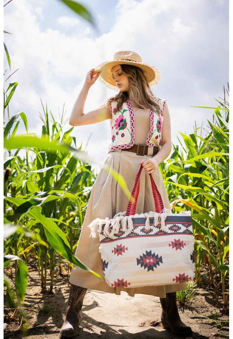 Geanta de dama  model Bonatti - bej - material poliester - dimensiune unica - tip sac cu motive aztece - inchidere magnetica