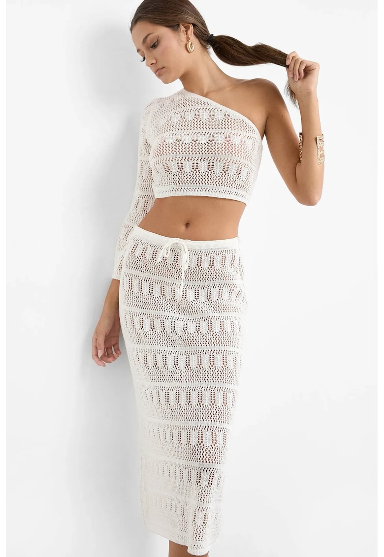 Compleu dama - top scurt - fusta midi cu talie inalta - alb - dantela