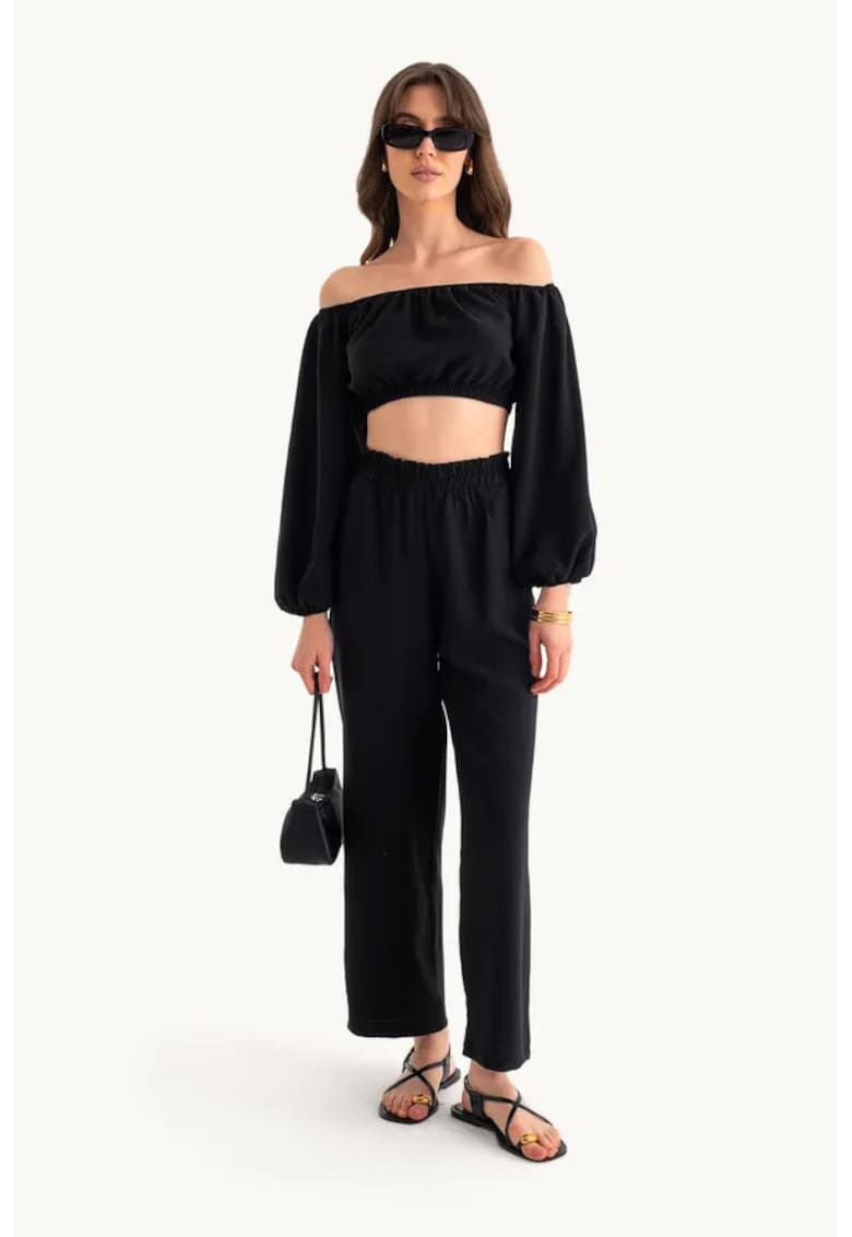 Compleu dama  pantaloni drepti cu talie elastica - negru - textil Compleu dama  pantaloni drepti cu talie elastica - negru - textil