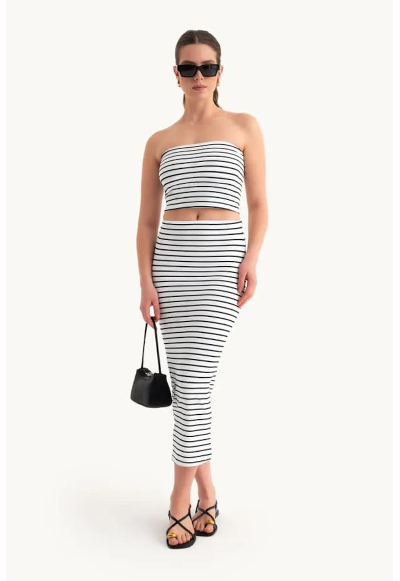 Compleu dama - top scurt fara bretele si fusta midi - alb/negru - jerseu