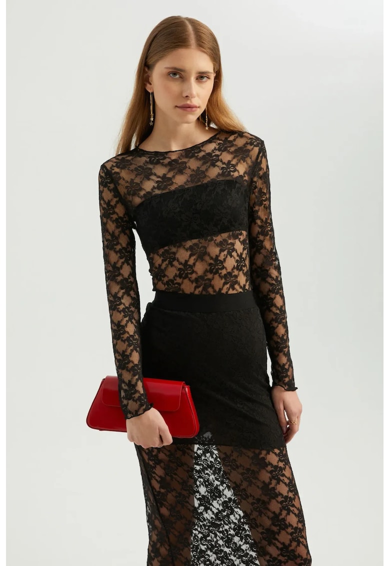 Compleu dama top cu guler inalt si fusta maxi - negru - jerseu