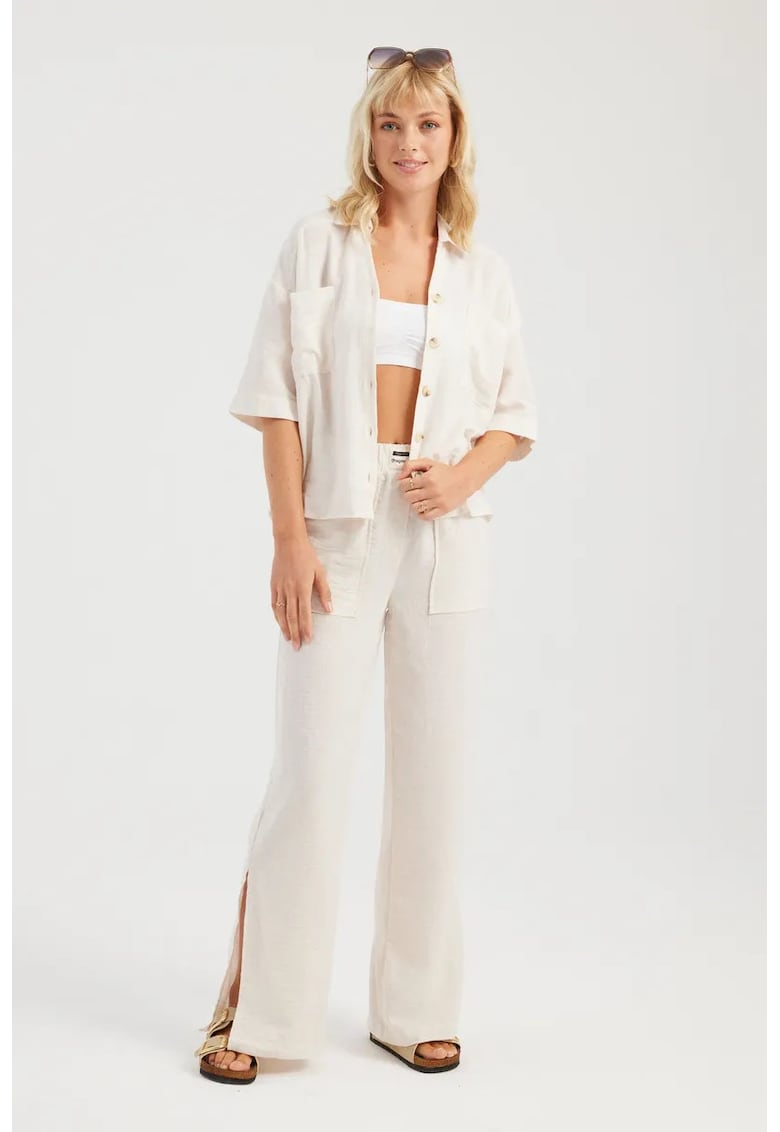 Compleu dama -  camasa scurta cu buzunar si pantaloni drepti cu talie inalta - alb - textil