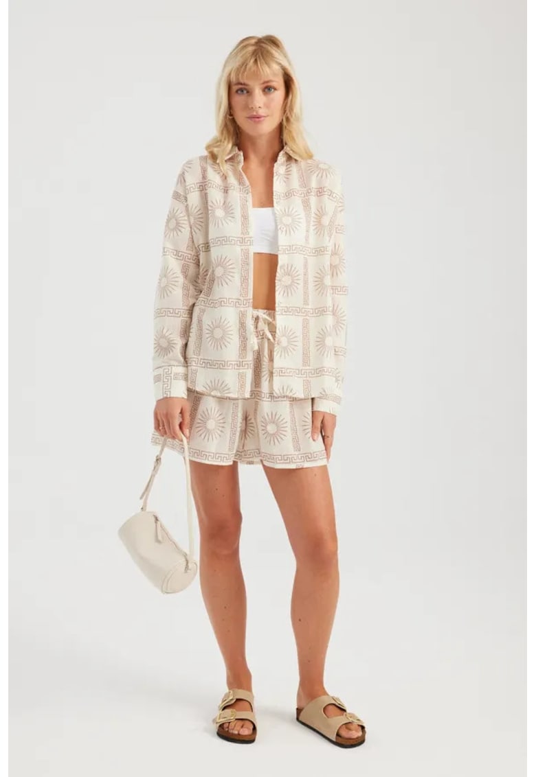 Compleu dama -  camasa si pantaloni scurti cu talie inalta - bej - textil