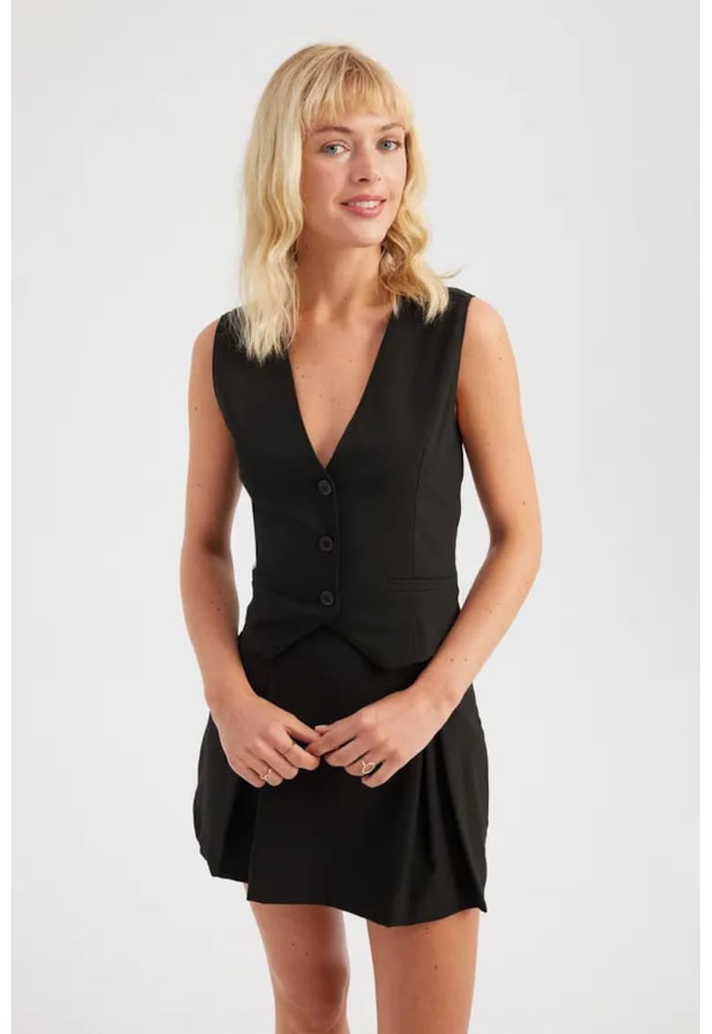 Compleu dama - vesta cu decolteu in V si fusta mini plisata - negru - textil
