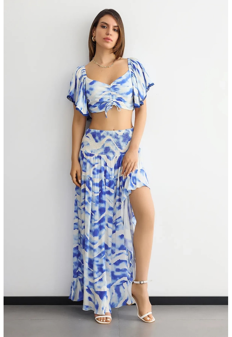 Set compleu - talie inalta - maneci scurte asimetrice - albastru - poliester Set compleu - talie inalta - maneci scurte asimetrice - albastru - poliester