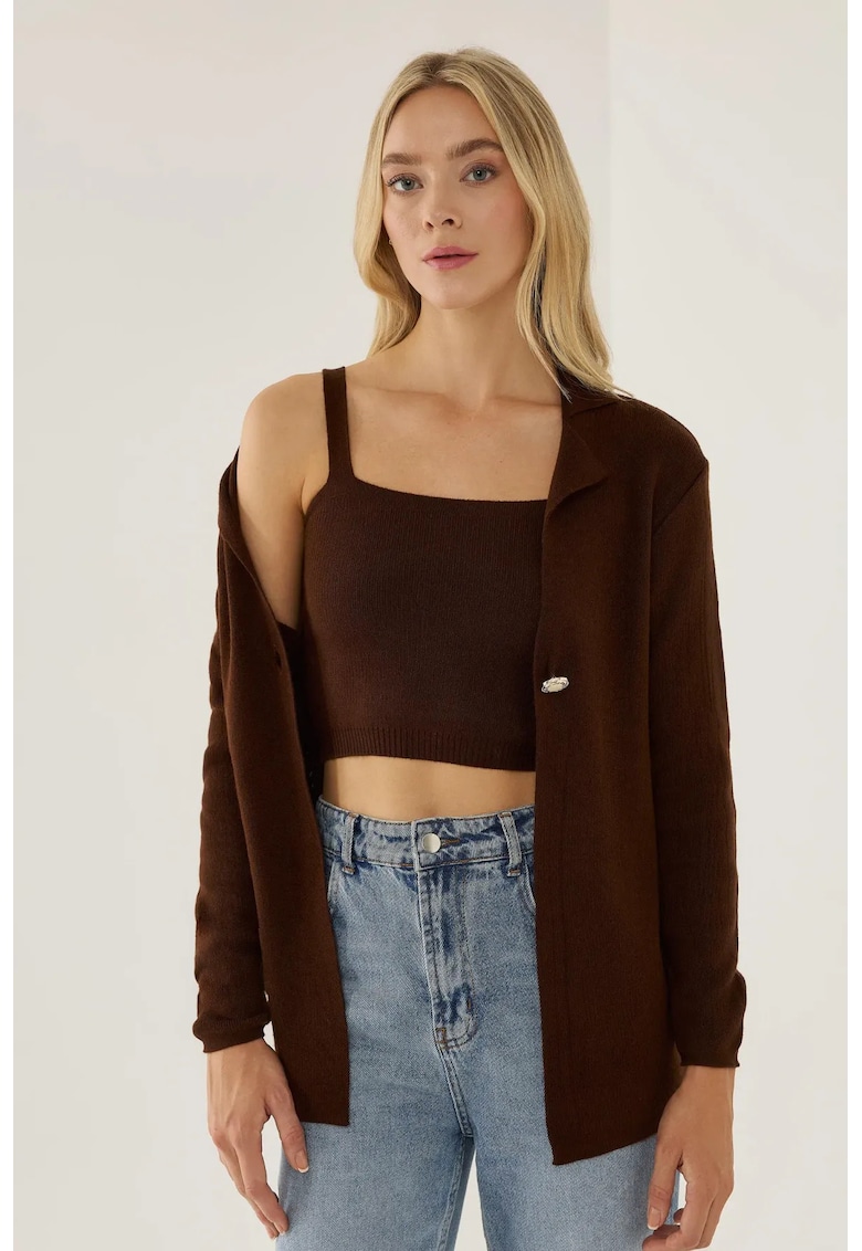 Set top dama - doua piese - elegant - maro - acril