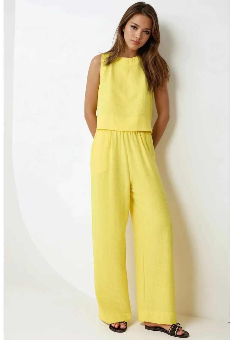 Compleu dama - bluza si pantaloni cu talie elastica - galben - poliester