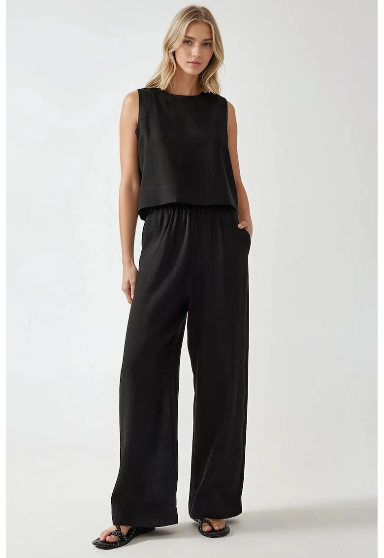 Compleu dama - bluza - pantaloni largi - negru - poliester