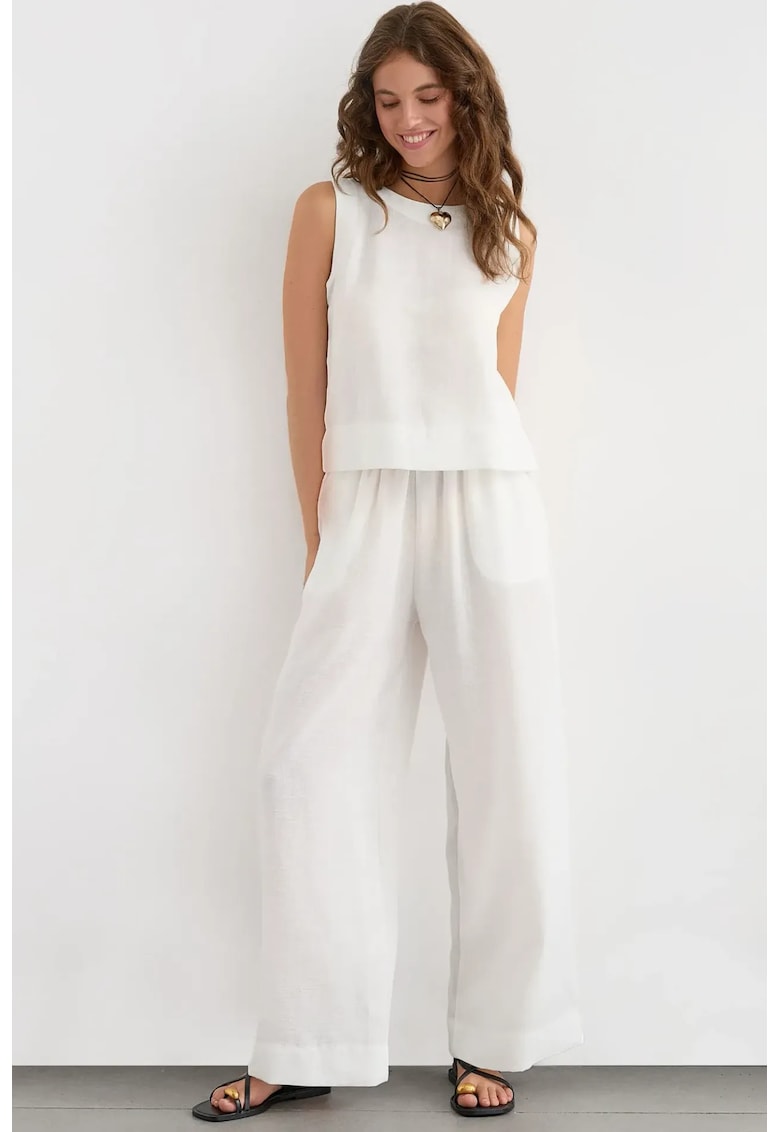 Compleu dama - bluza si pantaloni largi - alb - poliester