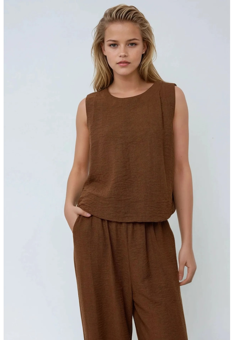 Compleu dama - bluza si pantaloni largi - maro - poliester