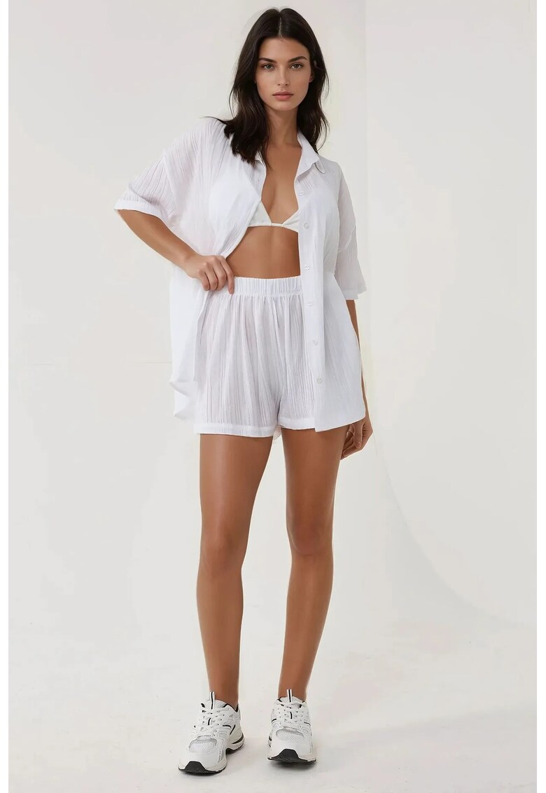 Compleu dama - camasa in dungi - alb - bumbac