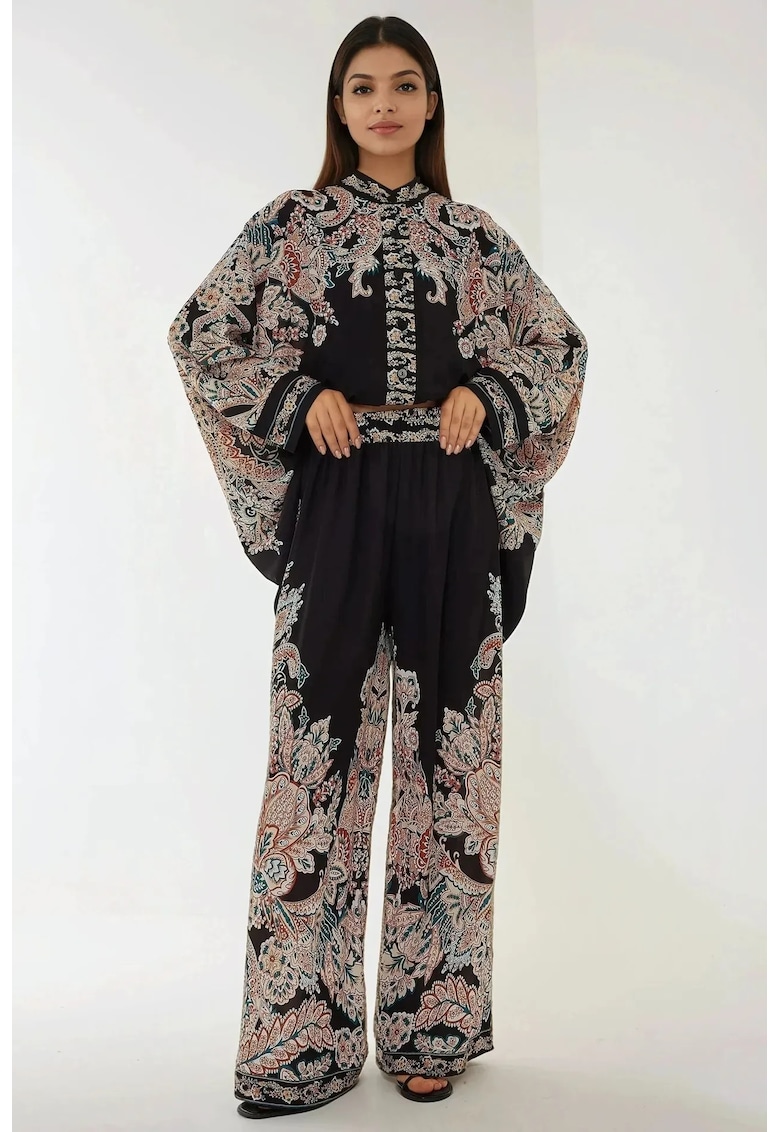 Compleu dama -  pantaloni cu talie inalta - croiala larga - negru - textil Compleu dama -  pantaloni cu talie inalta - croiala larga - negru - textil