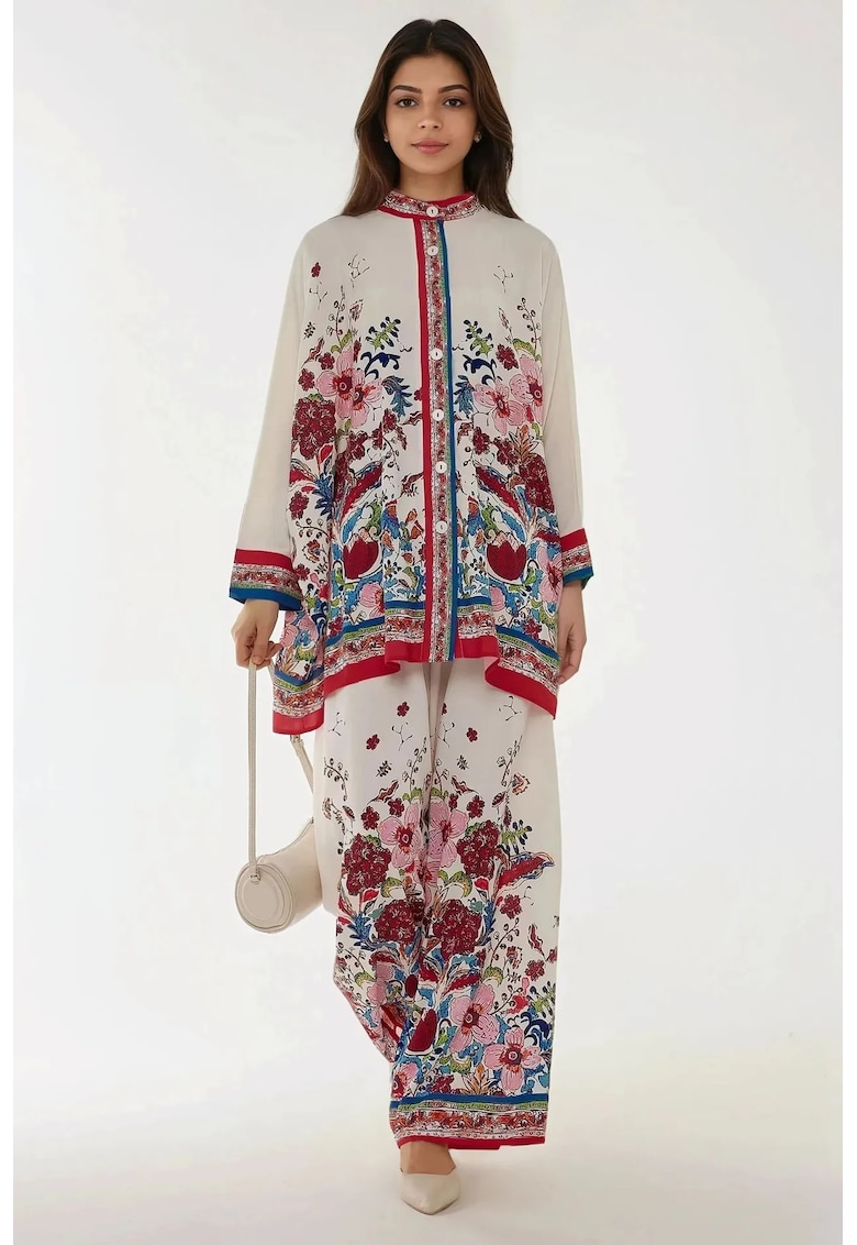 Compleu dama -  pantaloni cu talie inalta - croiala larga - alb - textil