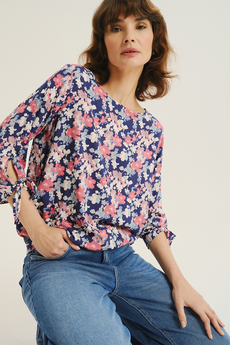 Modal Roz Bluza cu maneci 3/4, model floral si decolteu barcuta, Albastru inchis ...