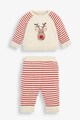 JoJo Maman Bebe Set 2 piese cu pantaloni si bluza din tricot fin, imprimeu ren, Rosu/Crem/Maro Baieti