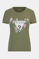 GUESS Tricou cu decolteu la baza gatului, cu logo si imprimeu floral Femei