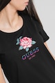 GUESS Tricou cu decolteu la baza gatului, cu logo si imprimeu floral Femei